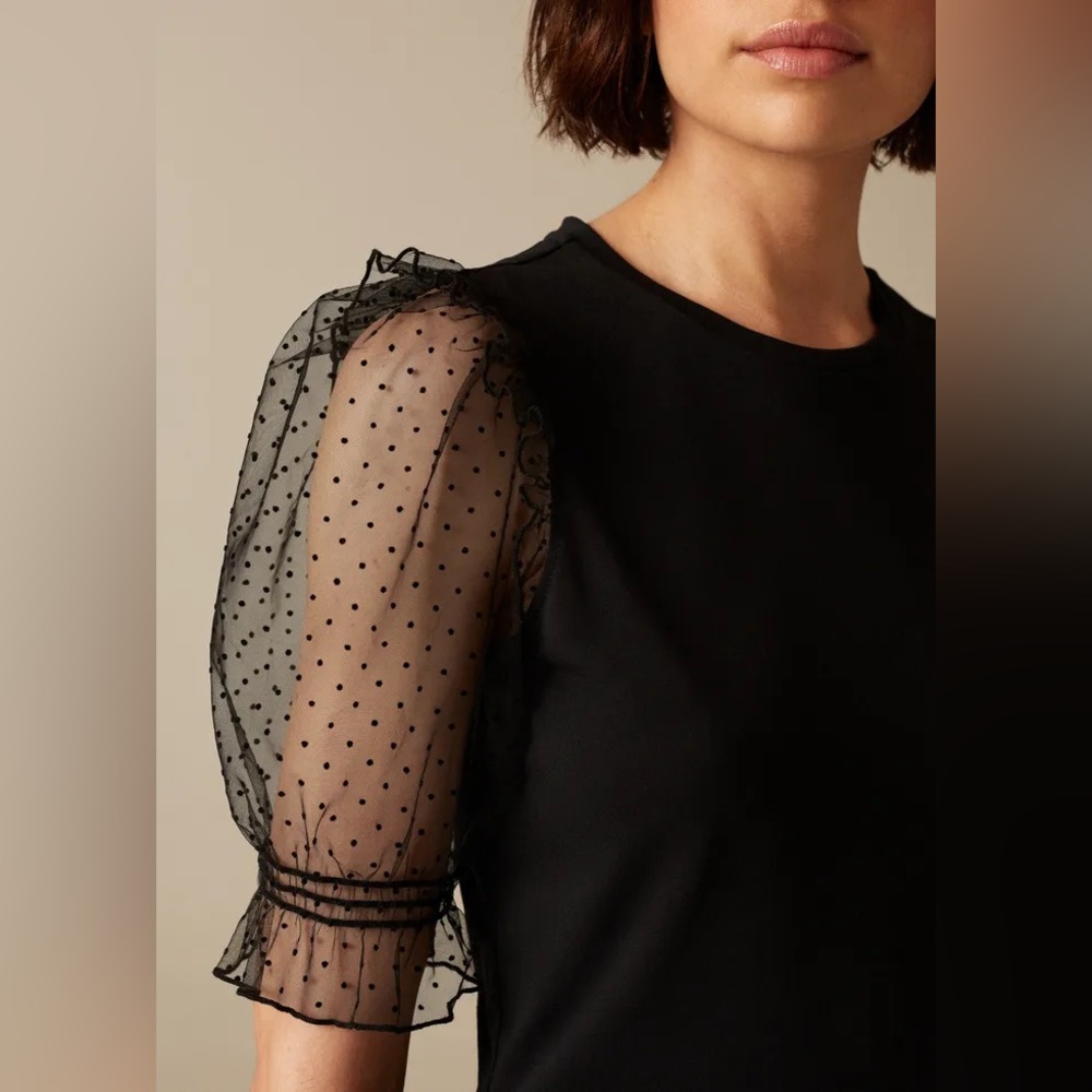ME+EM Black Blouse with Sheer Puff Polka Dot Sleeves